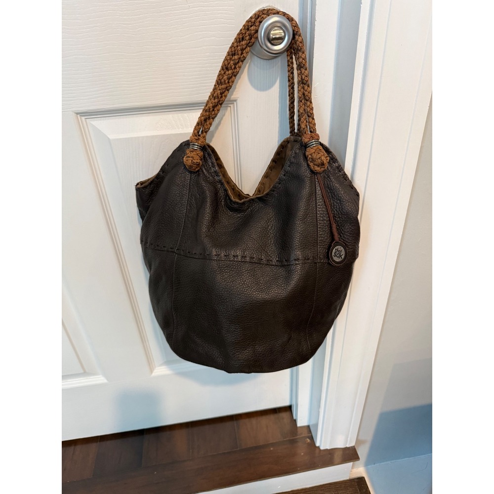 The Sak Dark Brown Pebbled Leather Hobo Bag Braided Strap Slouchy Bucket Tote - Picture 2 of 16